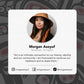 Profile card of Morgan Asoyuf with a quote and social media handles on a dark background with indigenous design elements.