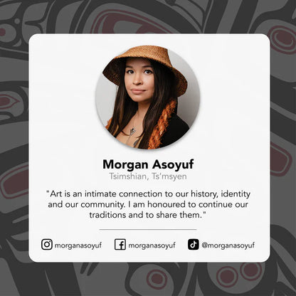 Profile card of Morgan Asoyuf with a quote and social media handles on a dark background with indigenous design elements.