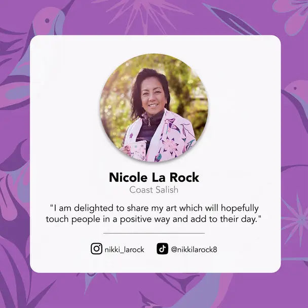 Profile card of Nicole La Rock with a photo and bio on a purple background