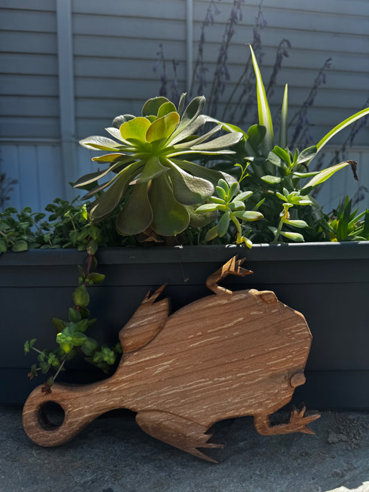 A carved wooden frog-shaped cutting board or serving piece with a circular handle, resting on a patio in front of a black planter box filled with green succulents and plants.