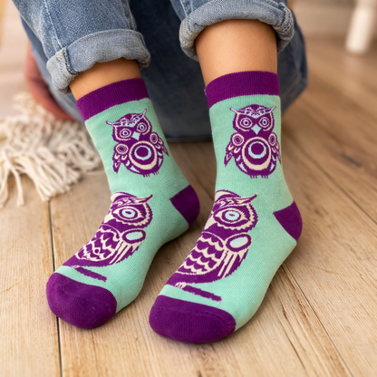 Teal socks with purple owl design worn by a person on a wooden floor.