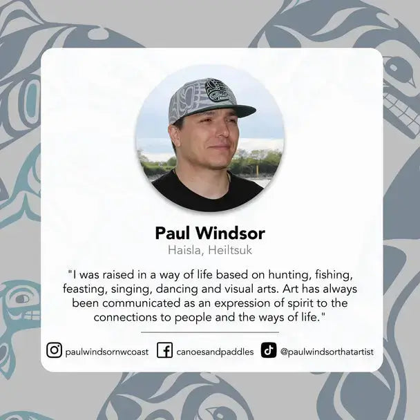 Profile card of Paul Windsor with a photo, bio, and social media links on a patterned background
