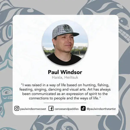 Profile card of Paul Windsor with a photo, bio, and social media links on a patterned background