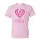 Pink t-shirt with a heart design and 'Kindness is Power' text on a white background