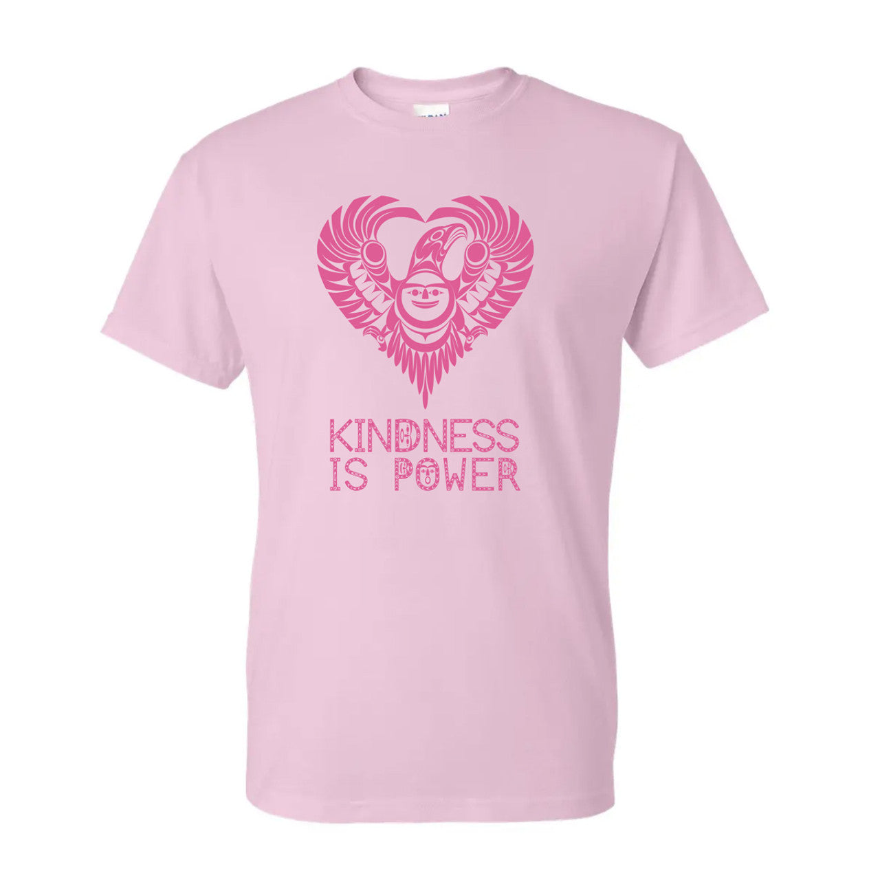 Pink t-shirt with a heart design and 'Kindness is Power' text on a white background