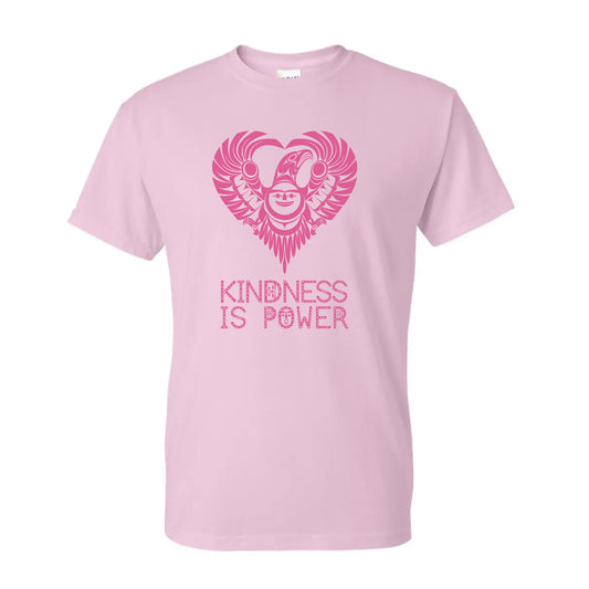 Pink t-shirt with a heart design and 'Kindness is Power' text on a white background