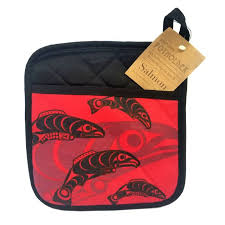 Red potholder with Indigenous salmon design