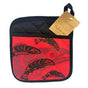 Red potholder with Indigenous salmon design