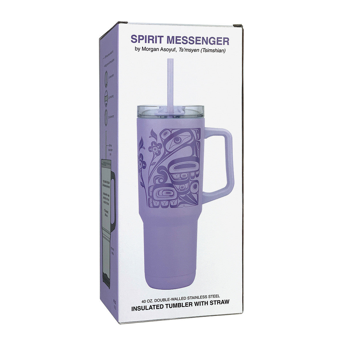 Purple insulated tumbler with handle and straw in packaging labeled 'Spirit Messenger'.