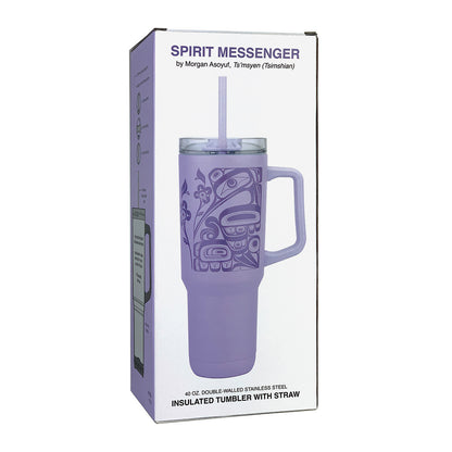 Purple insulated tumbler with handle and straw in packaging labeled 'Spirit Messenger'.