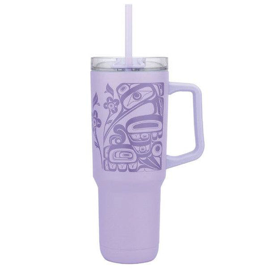 Purple tumbler with handle and straw and Indigenous design pattern
