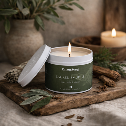 Candle in a tin labeled 'Raven Song Sacred Smudge' on a wooden surface with plants and another candle in the background.