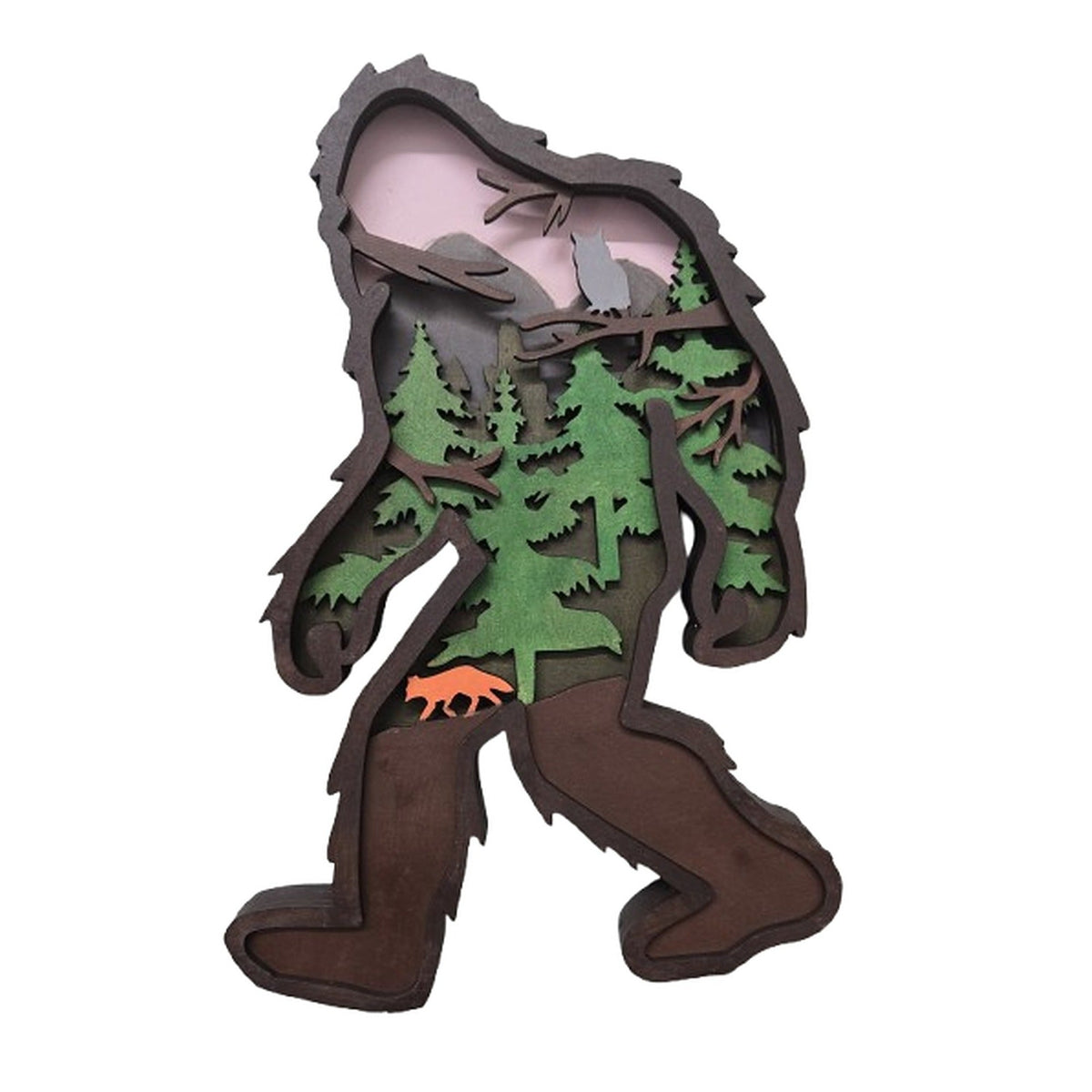 Sasquatch wooden layered art by Spirit Bear Designs, a dimensional cut-out of a walking sasquatch filled with a forest, mountain and owl scene.