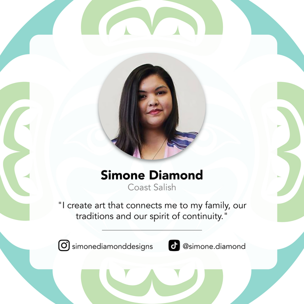 Contact Card for Simone Diamond with quote about artwork on Indigenous design pattern background