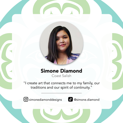 Contact Card for Simone Diamond with quote about artwork on Indigenous design pattern background