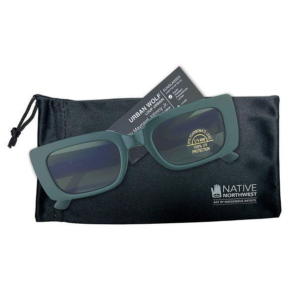 Green Rectangular sunglasses displayed on top of sunglasses case