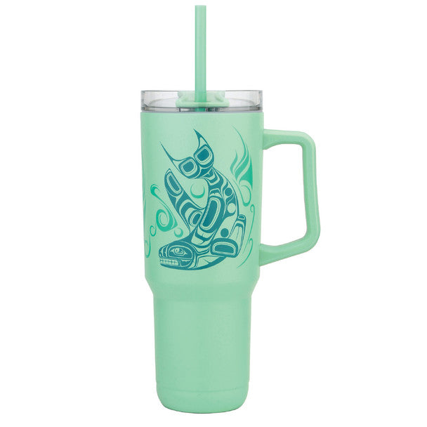 Mint green tumbler with handle and straw featuring a tribal design