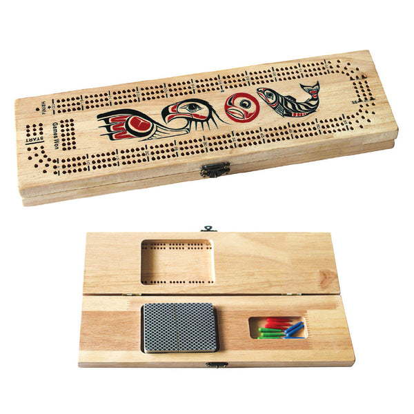 3-track wood cribbage board with Eagle and Salmon design by Paul Windsor