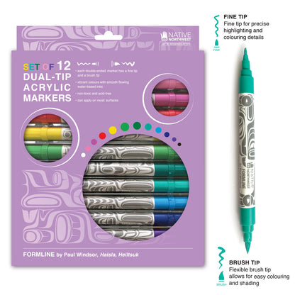 Set of 12 dual-tip acrylic felt markers in a purple Formline box designed by Paul Windsor, showing fine tip and brush tip ends