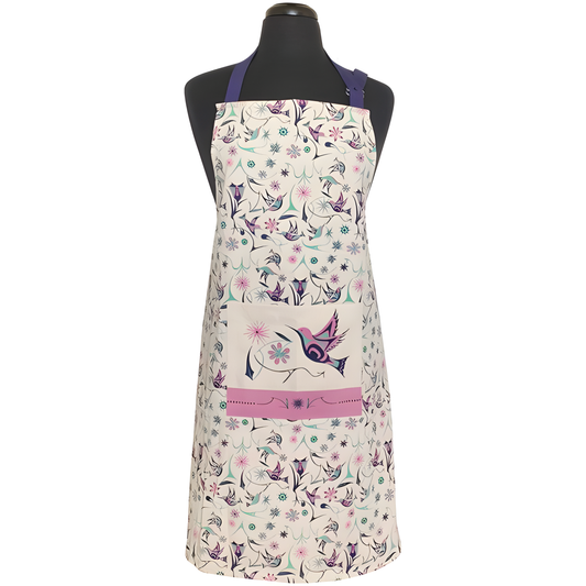 Coast Salish floral and hummingbird patterned apron on a mannequin