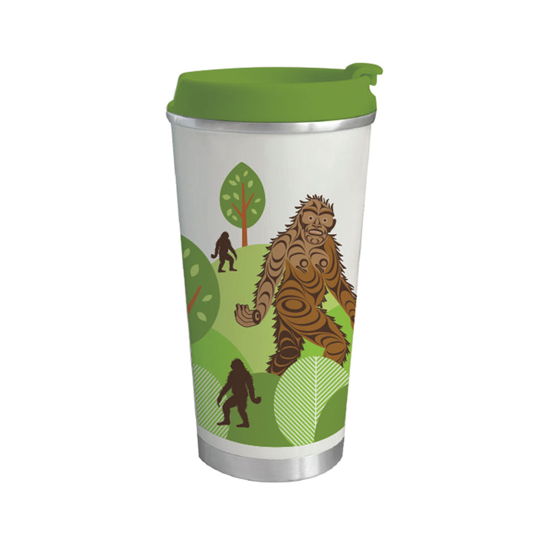 Art travel mug with Sasquatch design by Francis Horne Sr., stainless steel with matte finish