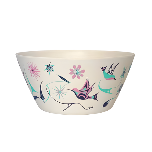 10inch bamboo bowl with a hummingbird and flower design