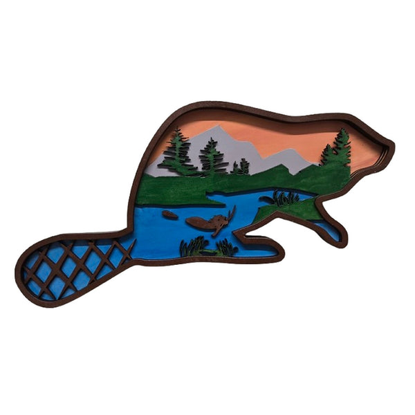 Beaver wooden layered art by Spirit Bear Design, hand painted