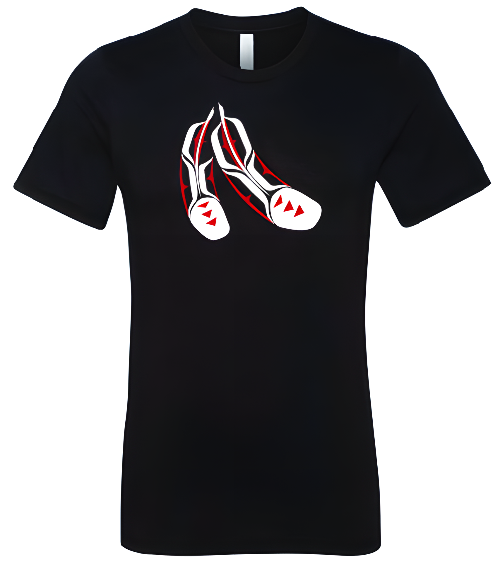 Black cotton t-shirt with red and white Coast Salish Feather design