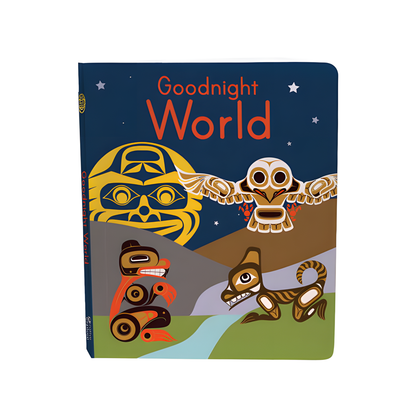 Board book titled Goodnight world with Indigenous design animals and moon