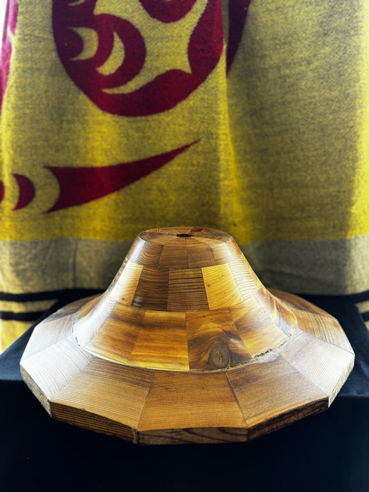 Cedar hat form hand-crafted by Morris Harris, wide-brim Coast Salish hat shape in solid cedar