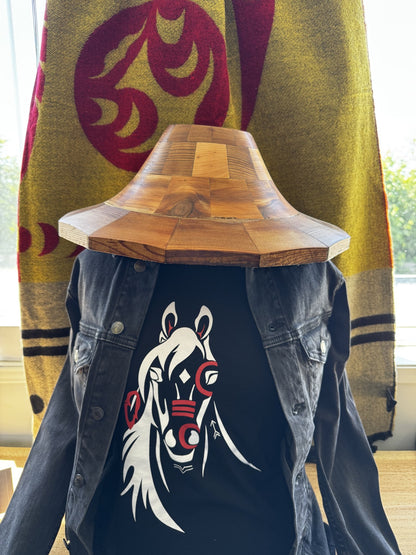 Cedar hat form shown worn like a hat, showing the wide brim and rounded crown
