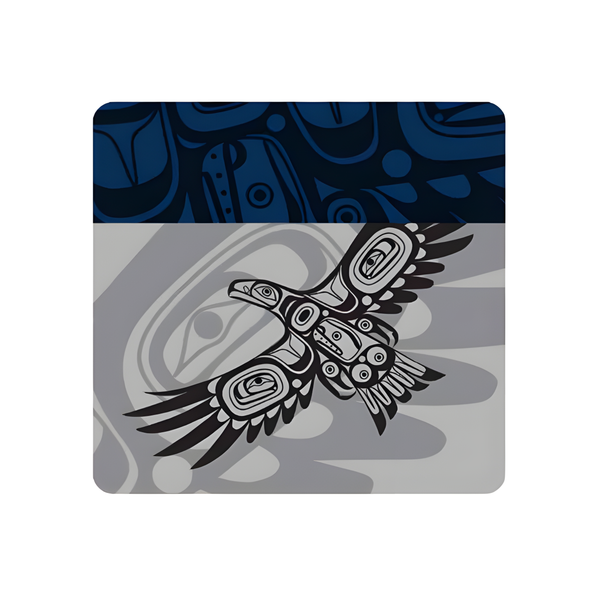 Blue, black and grey cork backed coaster with Indigenous eagle design