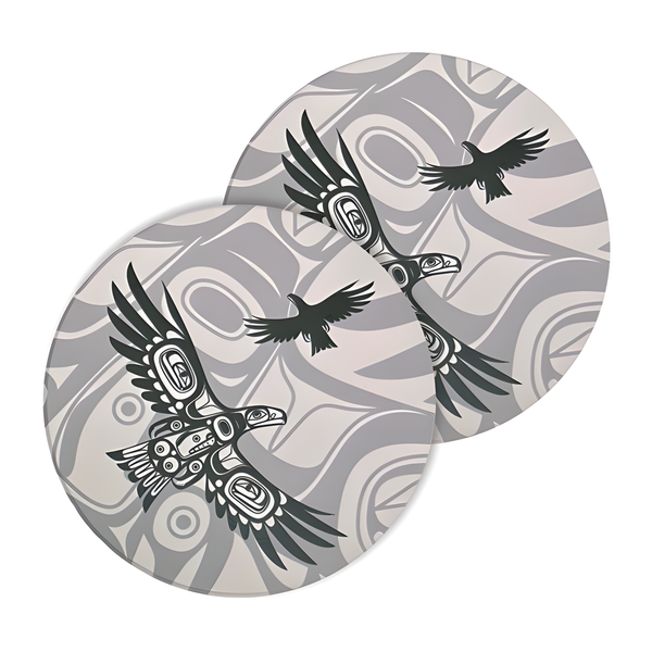 Set of 2 ceramic coaster with Indigenous soaring eagle design