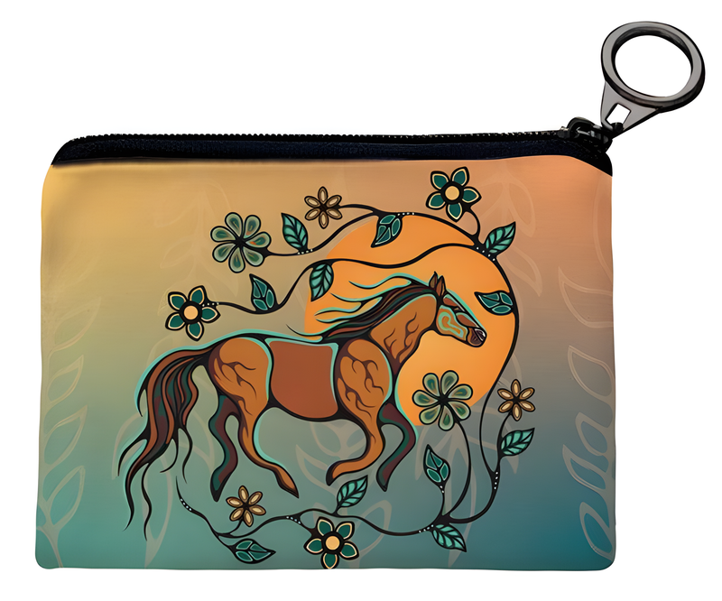 Sunset and blue colour coin purse with Ojibe floral and horse design