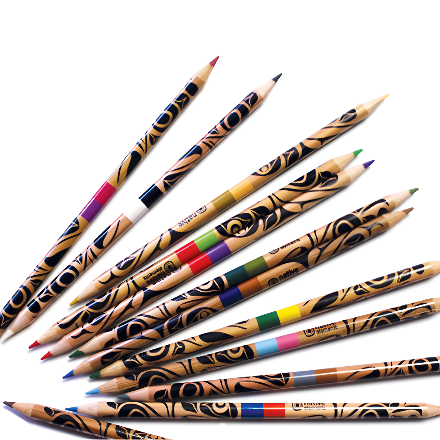 Double headed colouring pencils with Indigenous eagle design displayed laying out