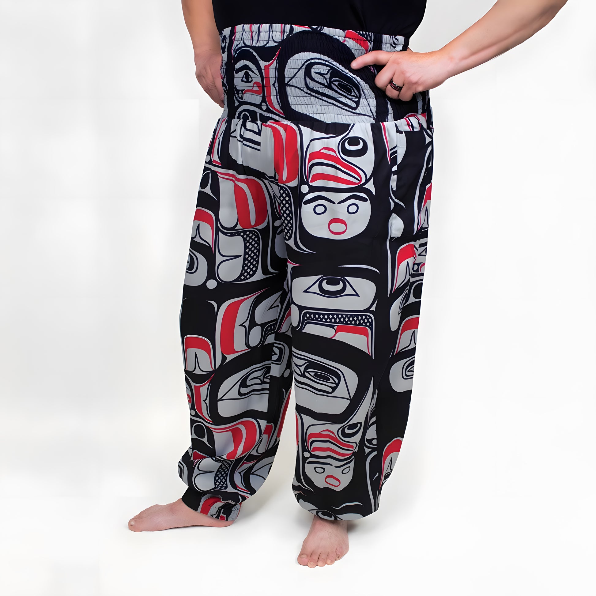 Black and red comfy pants with Indigenous eagle design