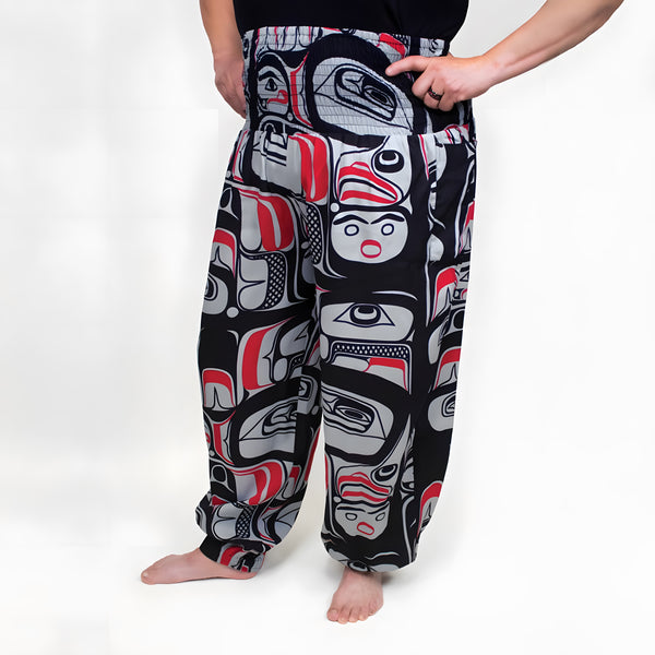 Black and red comfy pants with Indigenous eagle design