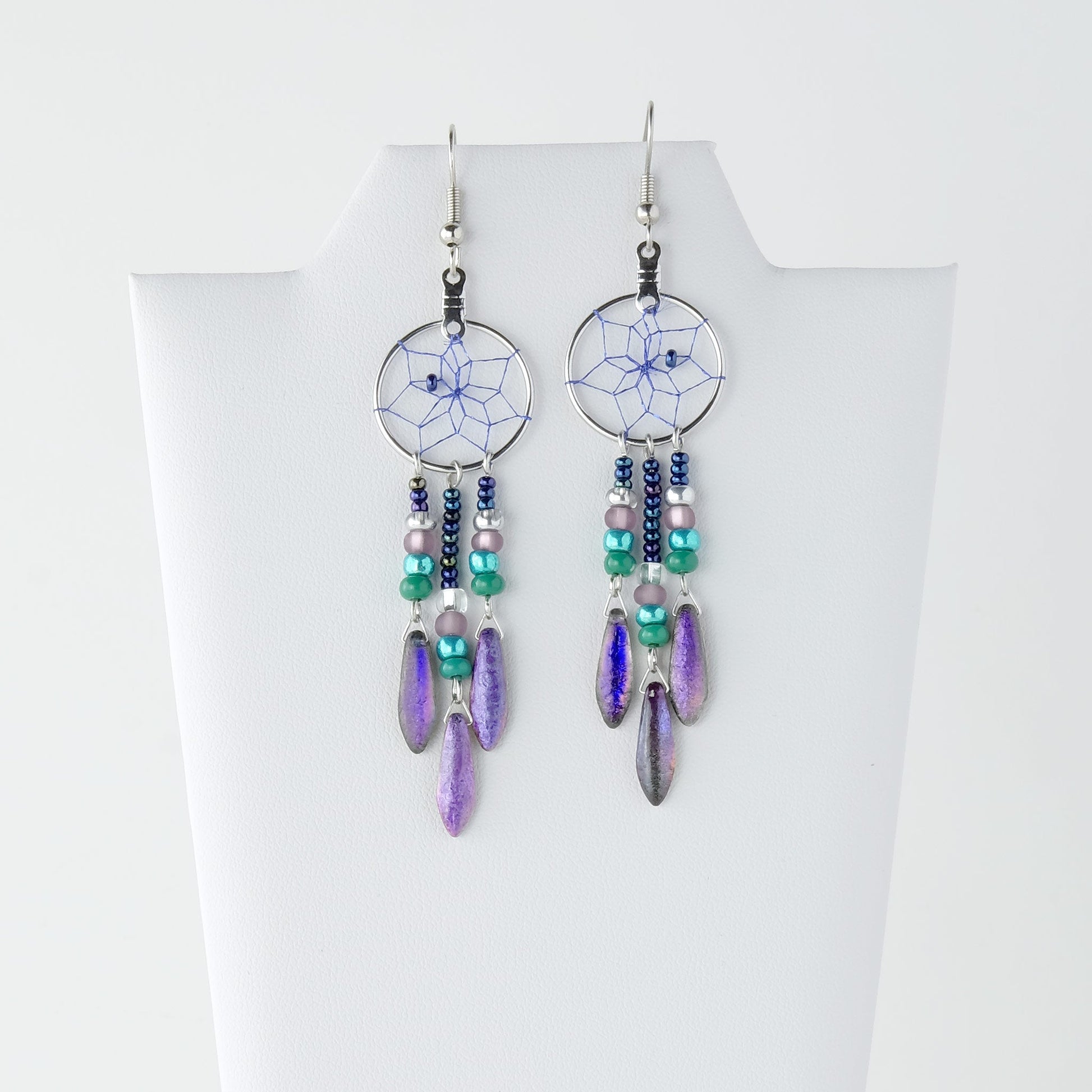 .75" Dreamcatcher Peacock Glass Bead Earrings