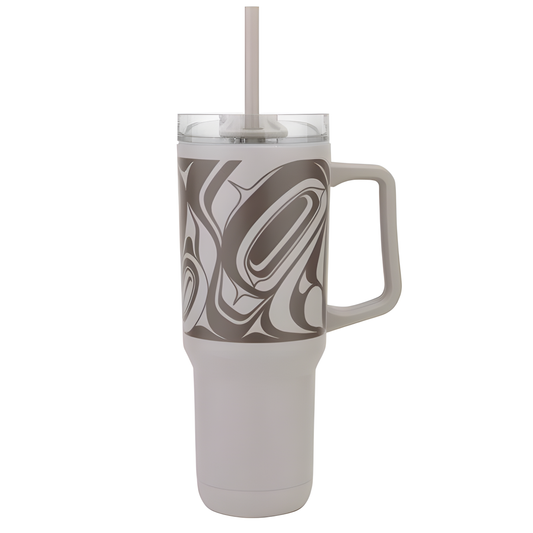 Grey 40ounce tumbler with handle and straw and Indigenous eagle design 