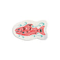 Salmon-shaped eco sponge with a red Coho salmon and teal water design by Joe Wilson-Sxwaset on a natural sponge