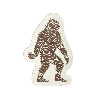 Sasquatch-shaped eco sponge with a brown full-body Sasquatch design by Francis Horne Sr. on a natural sponge
