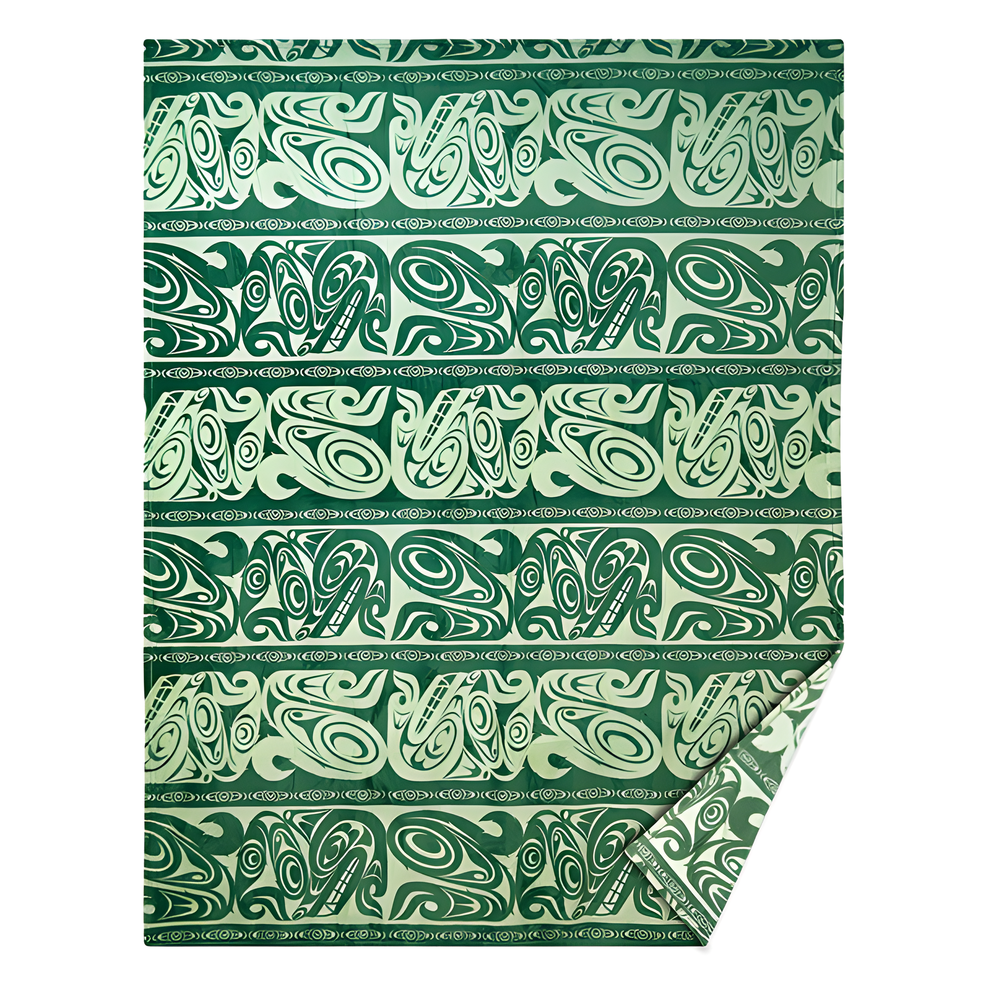 Green fleece blanket with Indigenous designed wolf print