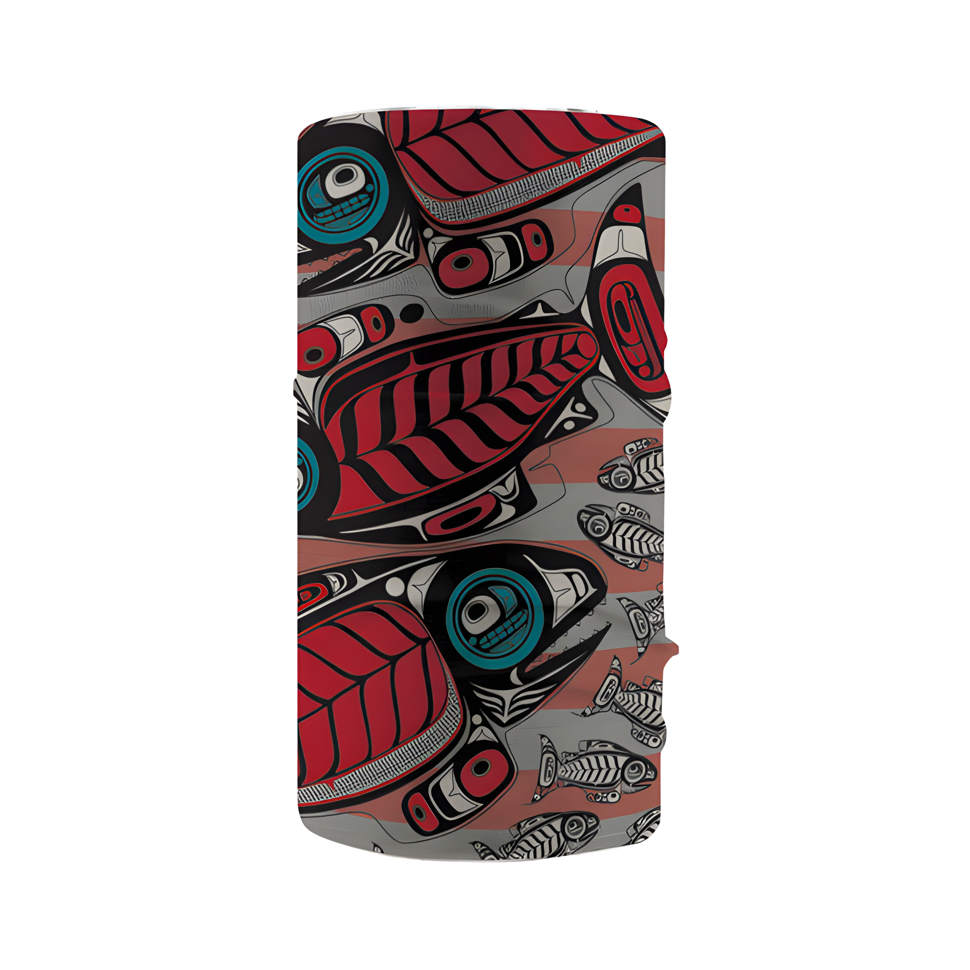 Red, black and blue multifunctional headwear with Indigenous salmon elements