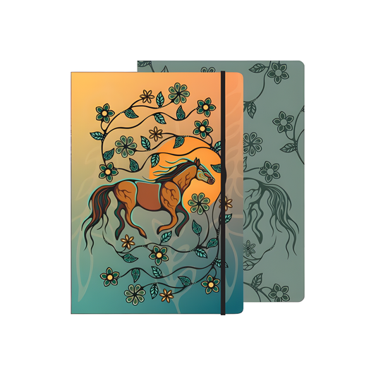 Journal cover with orange and blue gradient cover and Ojibwe horse and floral design