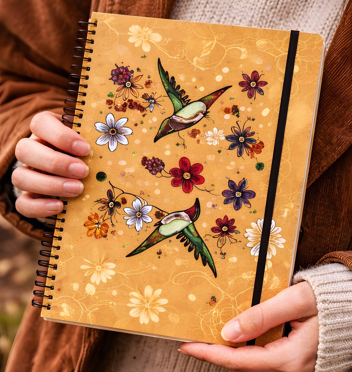 Spiral journal with hummingbird and floral design held in hands