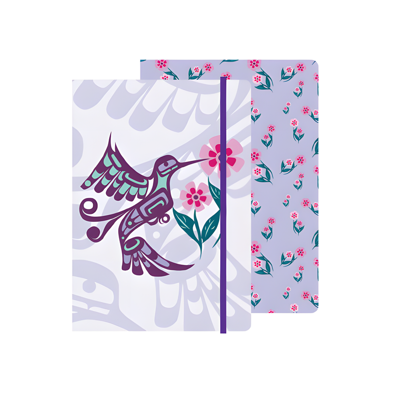 Purple notebook with an Indigenous hummingbird design and pink flowers