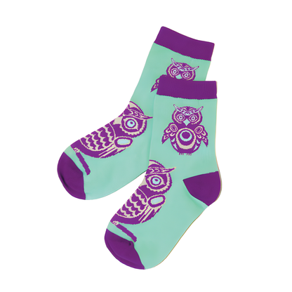 Teal socks with purple accents and Indigenous owl designs