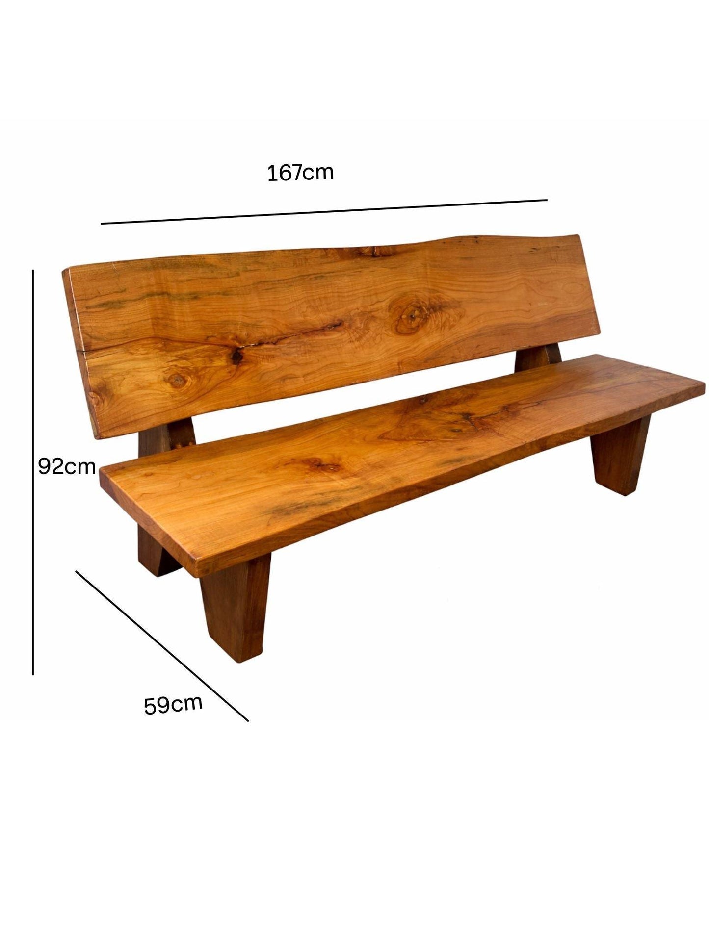 Live edge wooden bench with backrest and dimensions