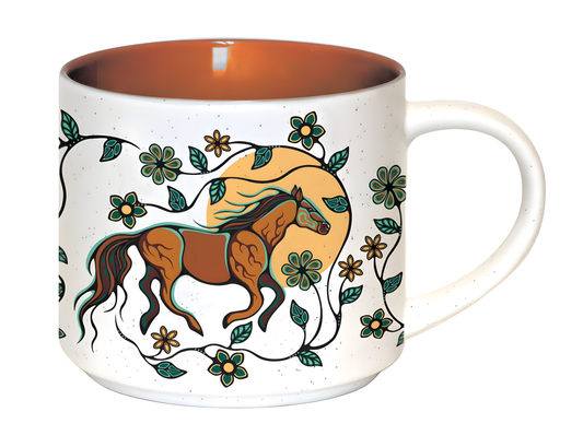 16oz ceramic mug with a Ojibwe horse and floral design