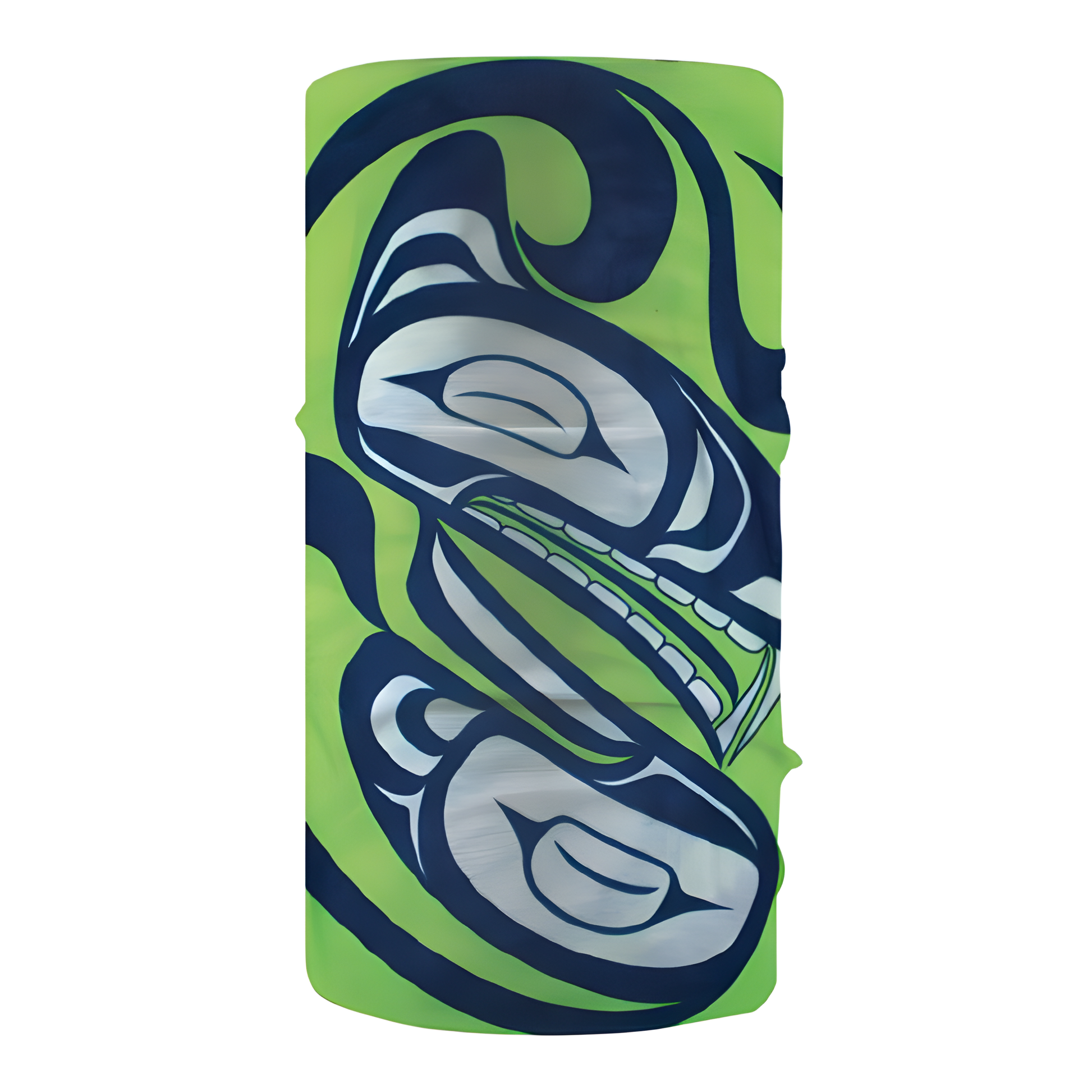Green and blue multifunctional head-ware with Indigenous wolf design
